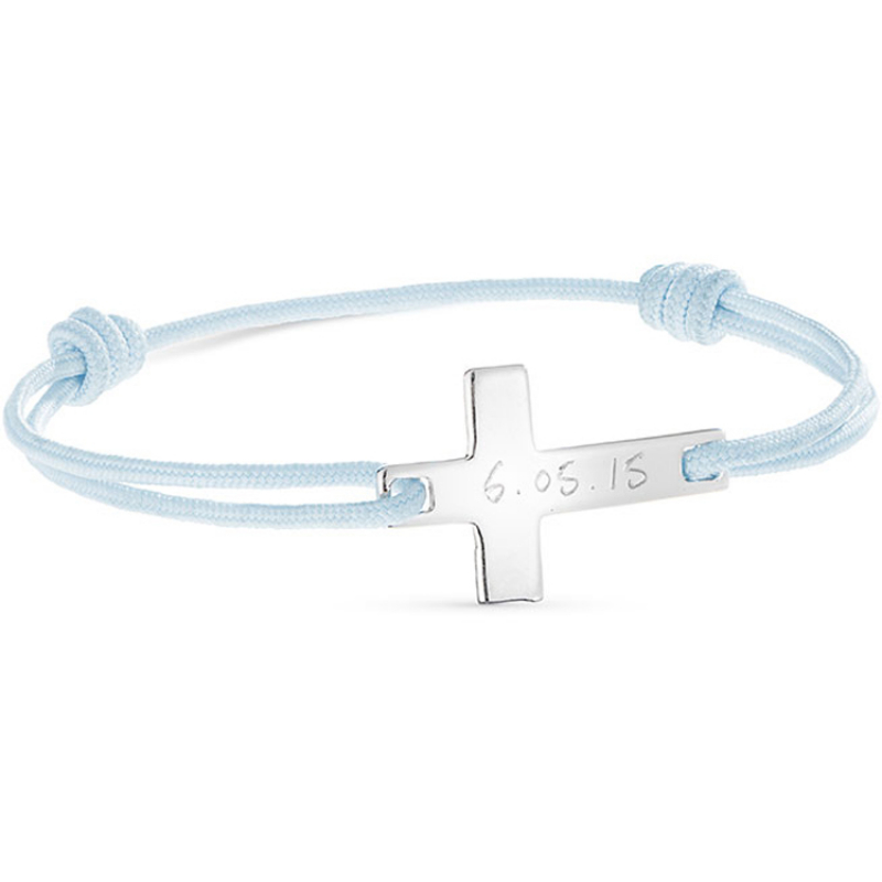 Bracelet sur cordon Croix plate personnalisable (argent 925°) (Merci Maman) - Image 1